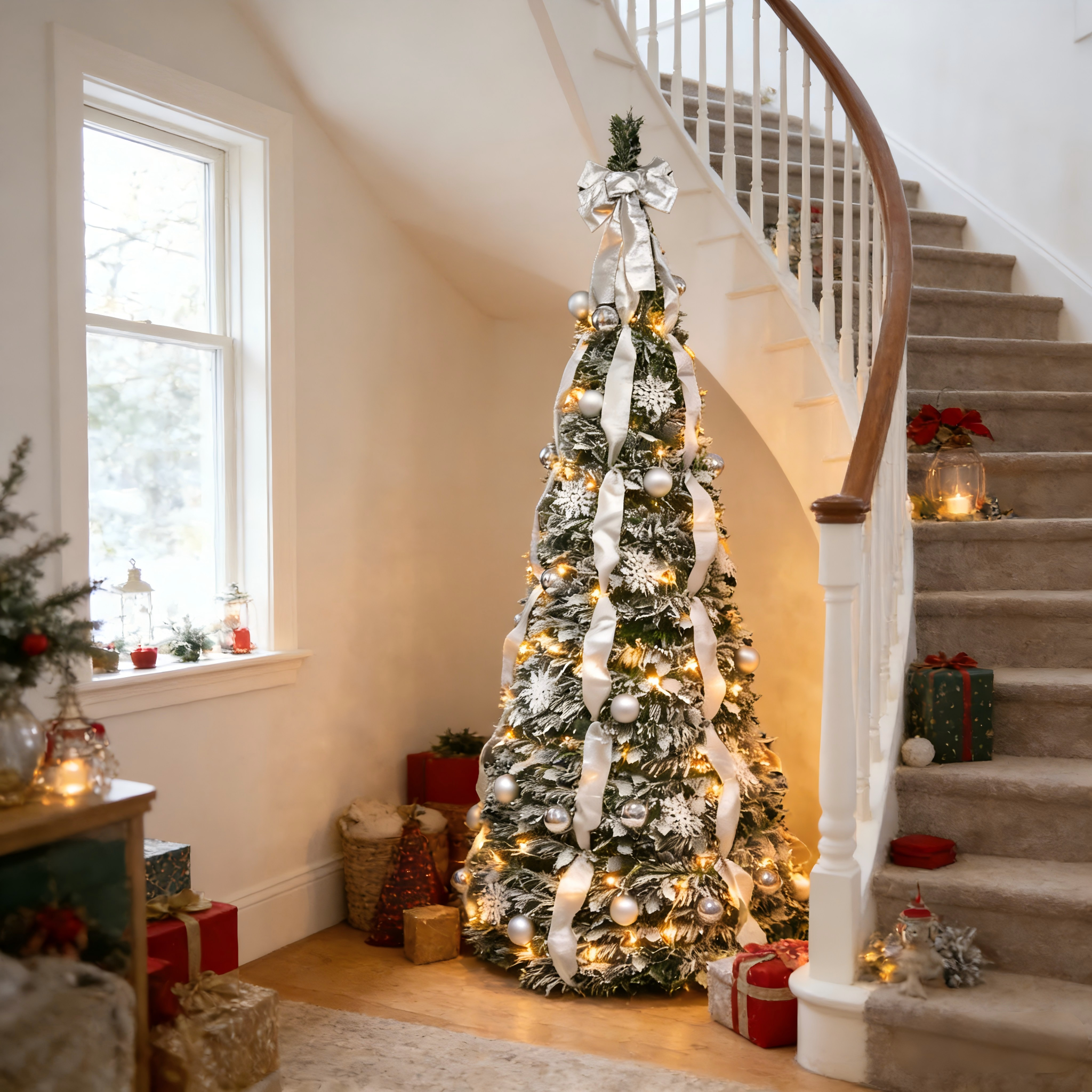 Makeatree Pop Up Christmas Tree 6-7ft Pre-Lit Silver Tinsel Collapsible Tree with Ornaments (SSS-SR-L)