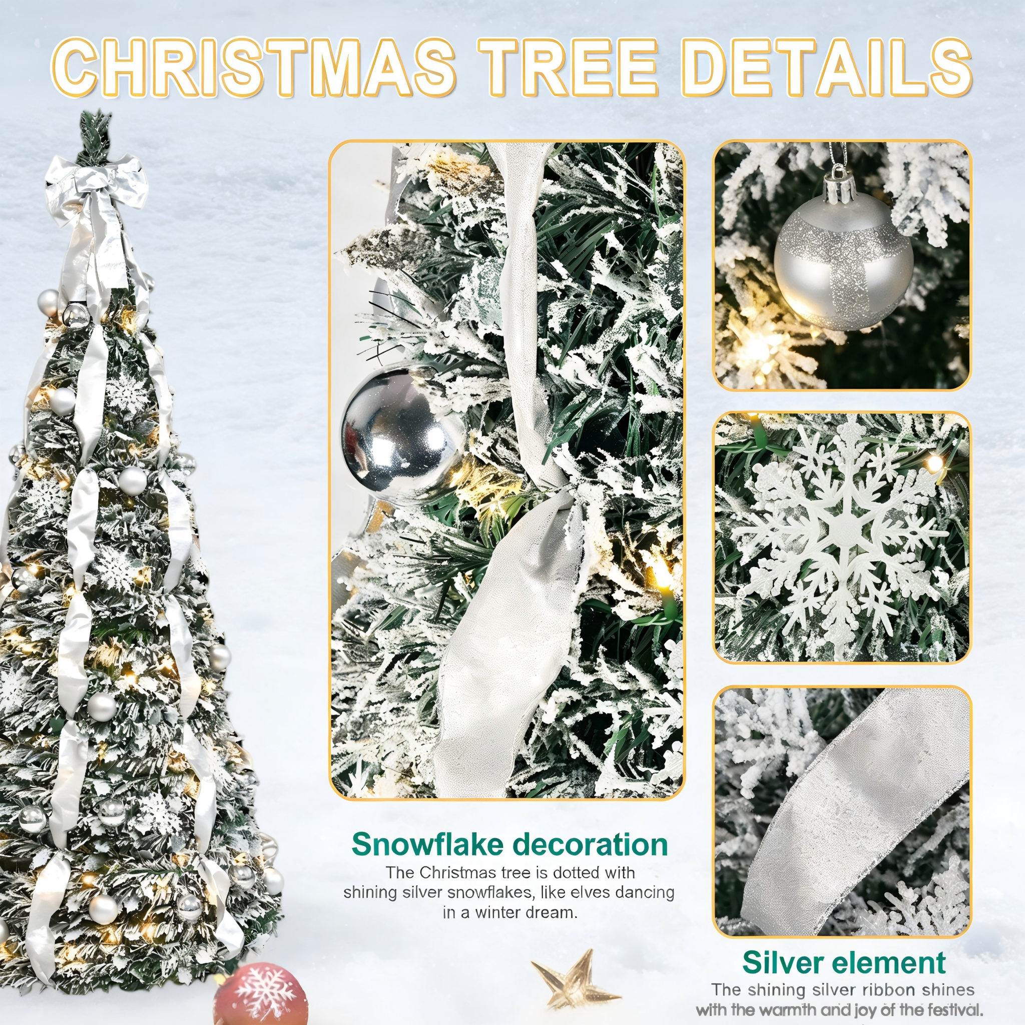 Makeatree Pop Up Christmas Tree 6-7ft Pre-Lit Silver Tinsel Collapsible Tree with Ornaments (SSS-SR-L)