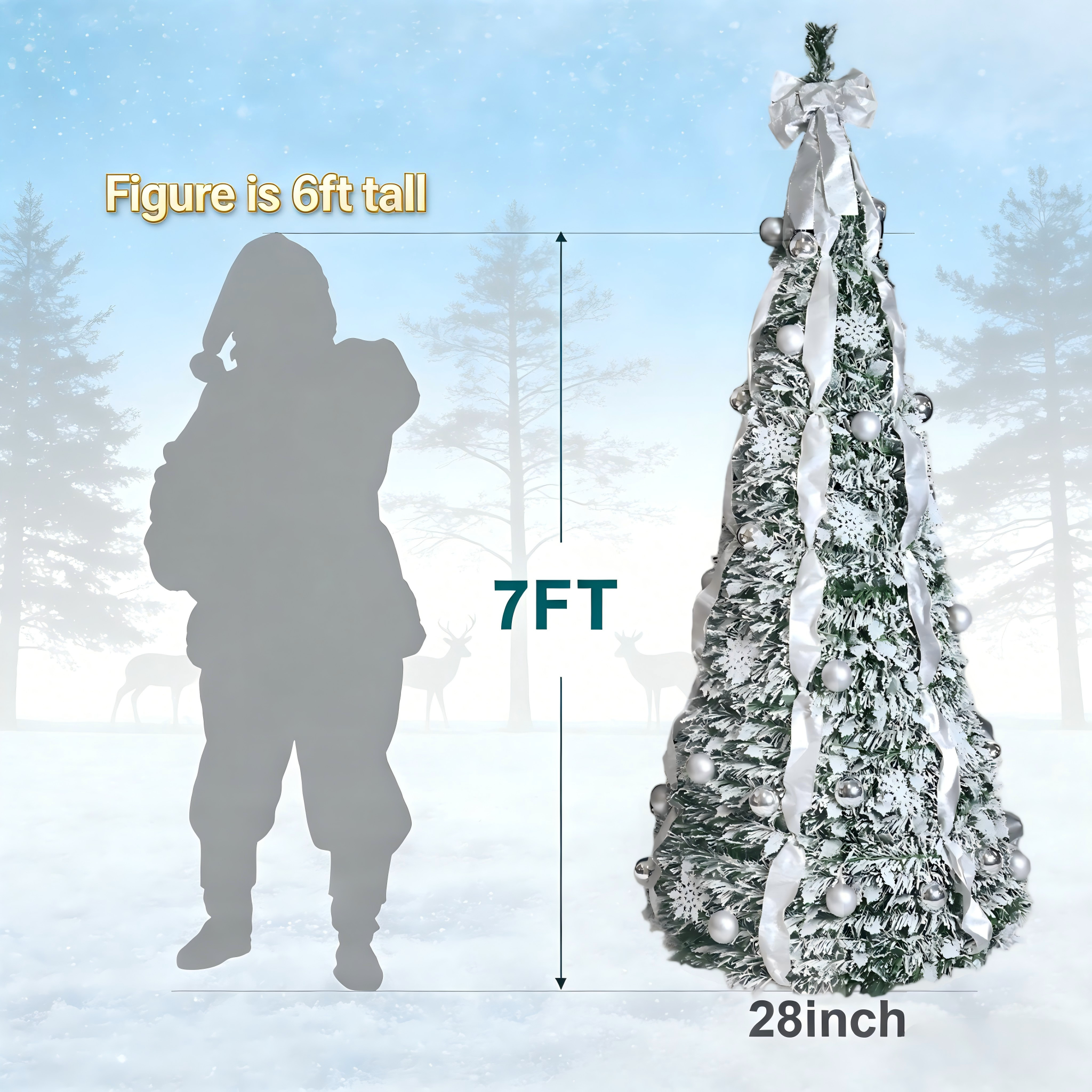 Makeatree Pop Up Christmas Tree 6-7ft Pre-Lit Silver Tinsel Collapsible Tree with Ornaments (SSS-SR-L)