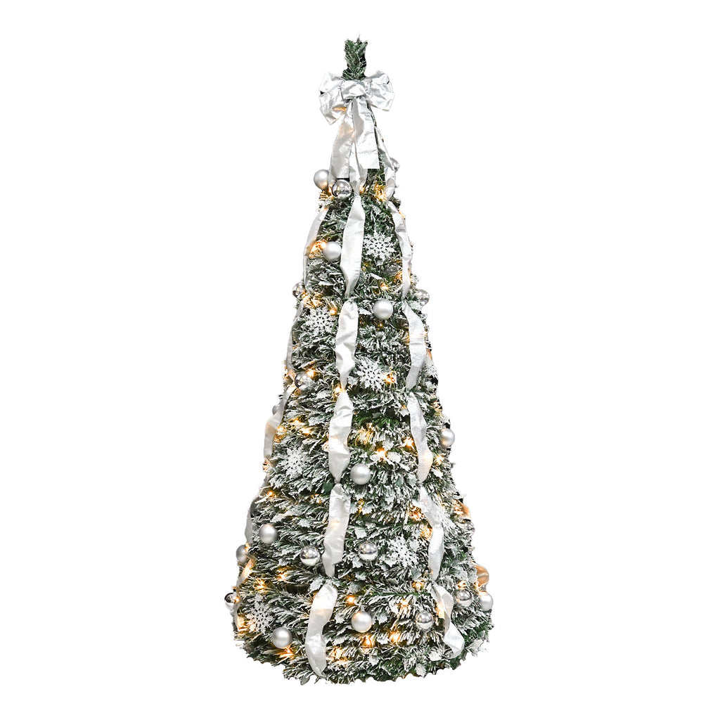 Makeatree Pop Up Christmas Tree 6-7ft Pre-Lit Silver Tinsel Collapsible Tree with Ornaments (SSS-SR-L)