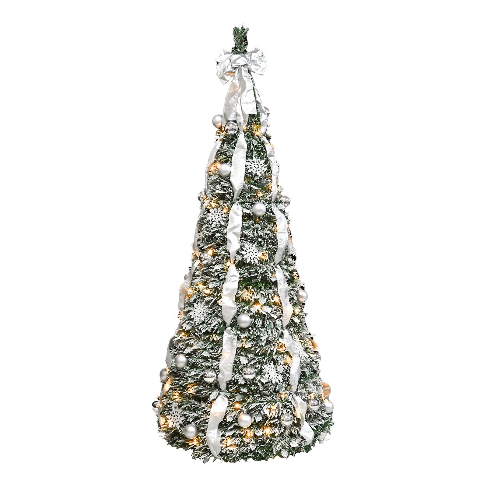 Makeatree Pop Up Christmas Tree 6-7ft Pre-Lit Silver Tinsel Collapsible Tree with Ornaments (SSS-SR-L)