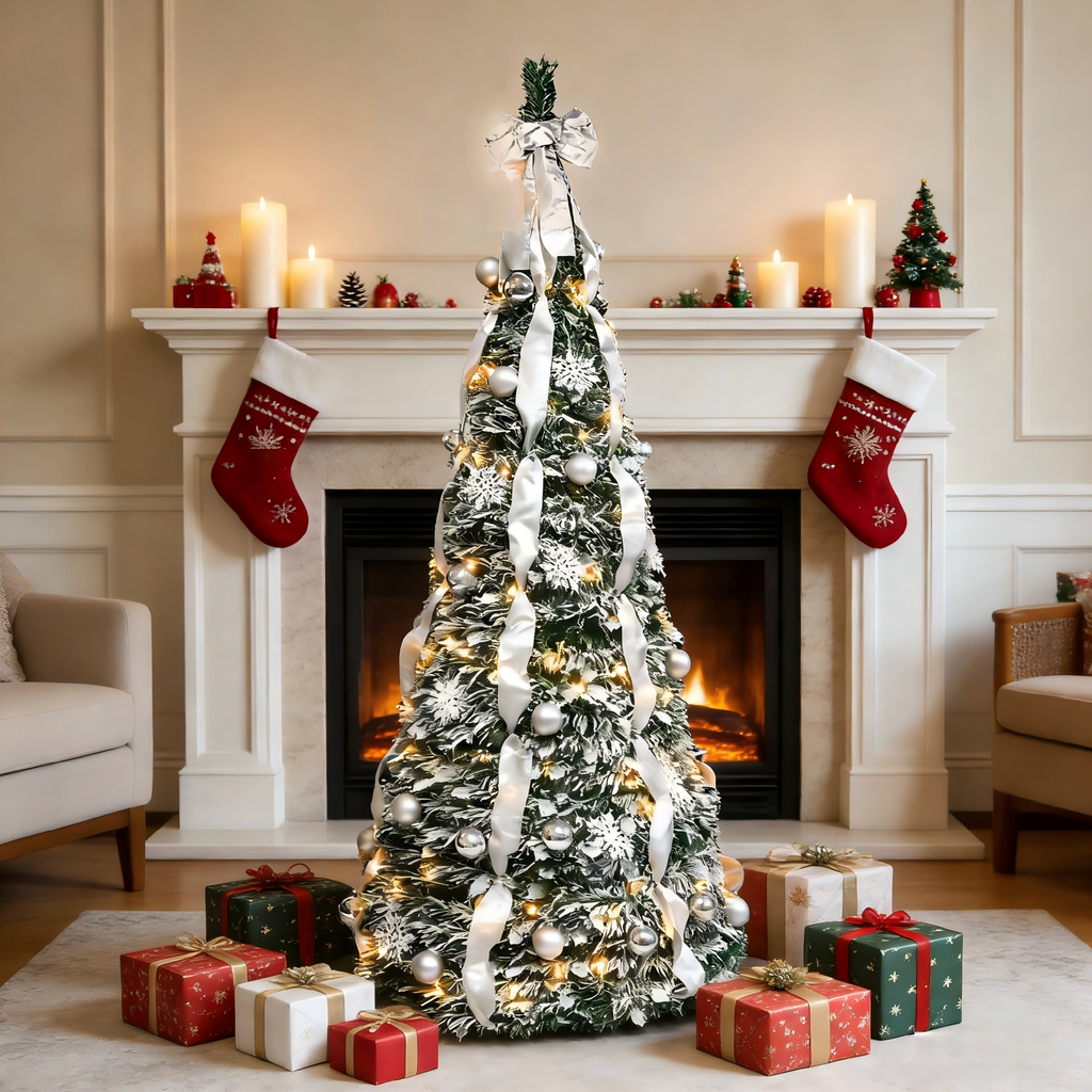 Makeatree Pop Up Christmas Tree 6-7ft Pre-Lit Silver Tinsel Collapsible Tree with Ornaments (SSS-SR-L)