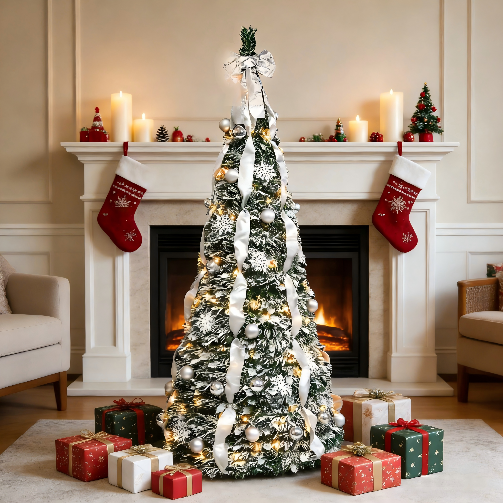 Makeatree Pop Up Christmas Tree 6-7ft Pre-Lit Silver Tinsel Collapsible Tree with Ornaments (SSS-SR-L)