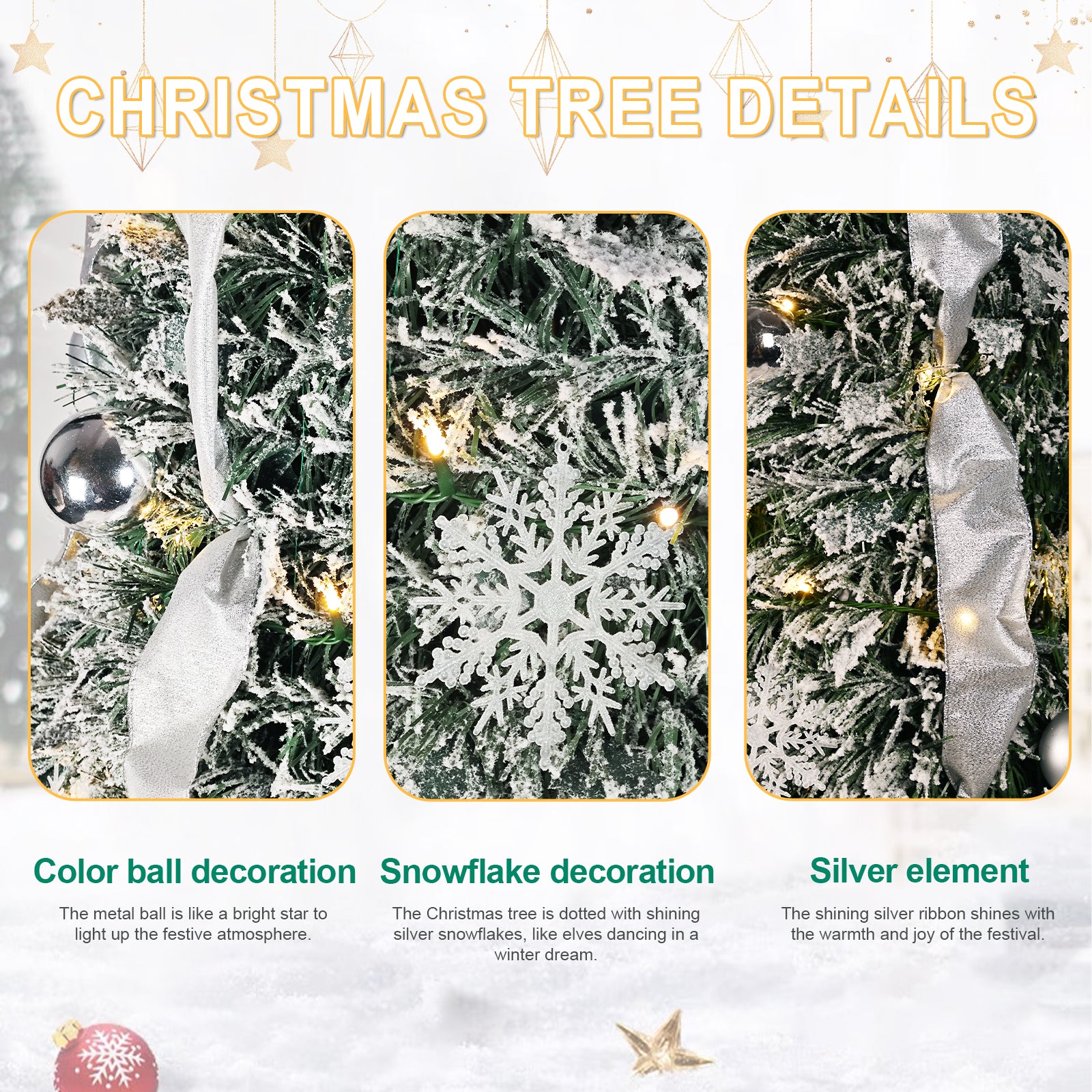 Makeatree Pop Up Christmas Tree 6-7ft Pre-Lit Silver Tinsel Collapsible Tree with Ornaments (SSS-SR-L)