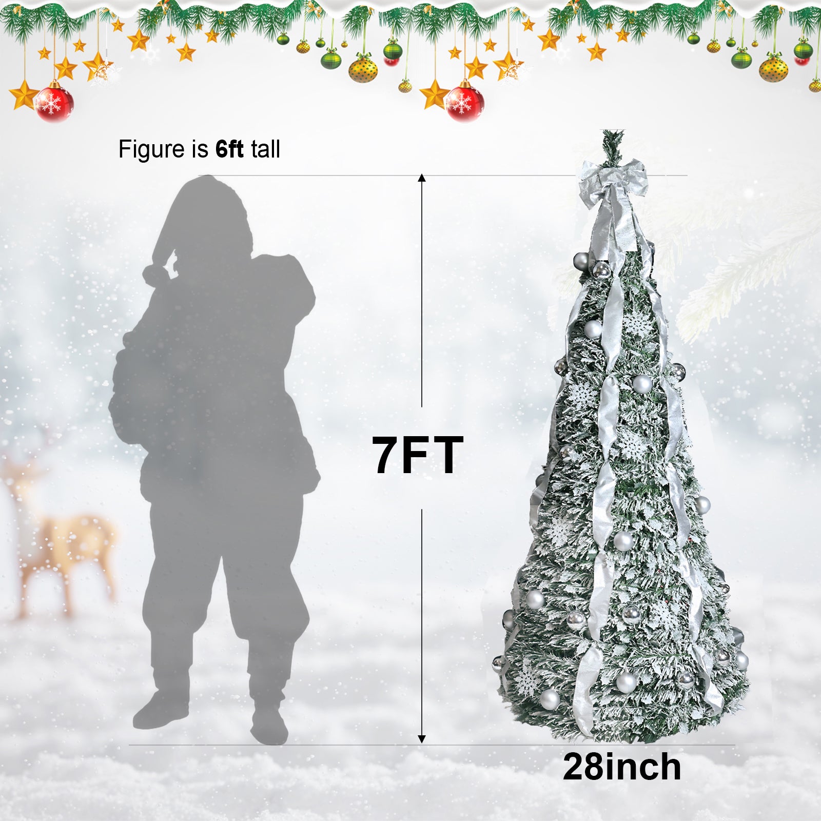 Makeatree Pop Up Christmas Tree 6-7ft Pre-Lit Silver Tinsel Collapsible Tree with Ornaments (SSS-SR-L)