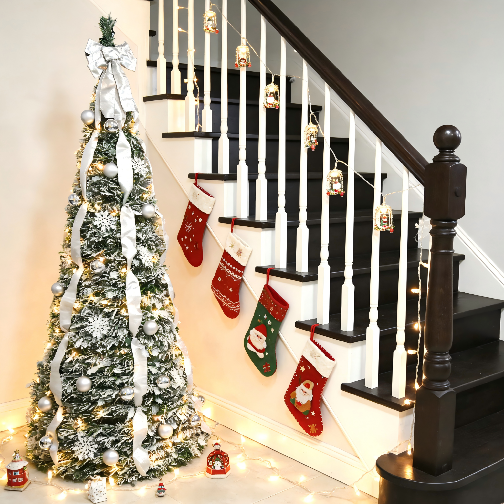 Makeatree Pop Up Christmas Tree 6-7ft Pre-Lit Silver Tinsel Collapsible Tree with Ornaments (SSS-SR-L)