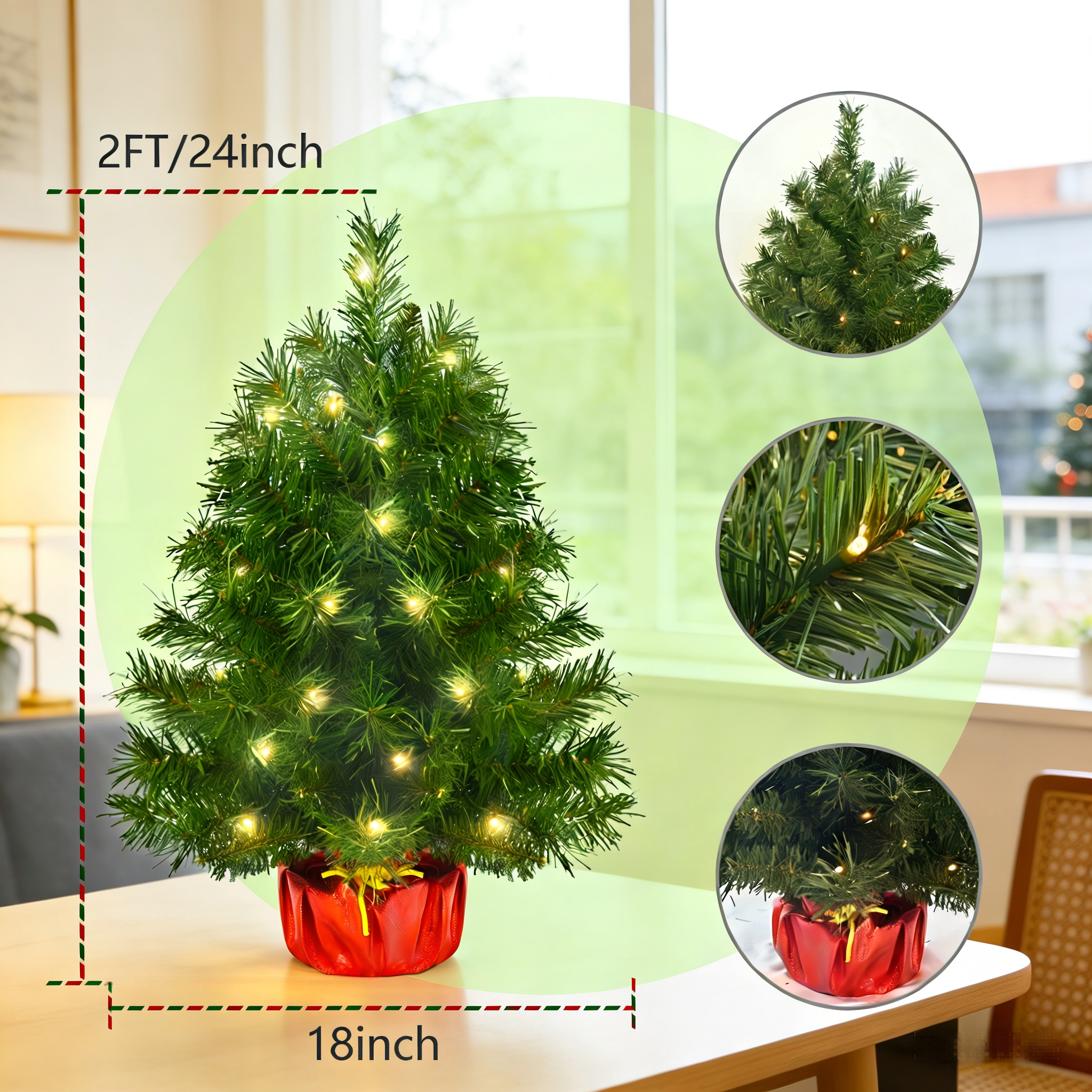 Makeatree Tabletop Christmas Tree 2ft Pre-Lit - Mini Artificial Xmas Tree with 50 LED Lights (SUS-L)