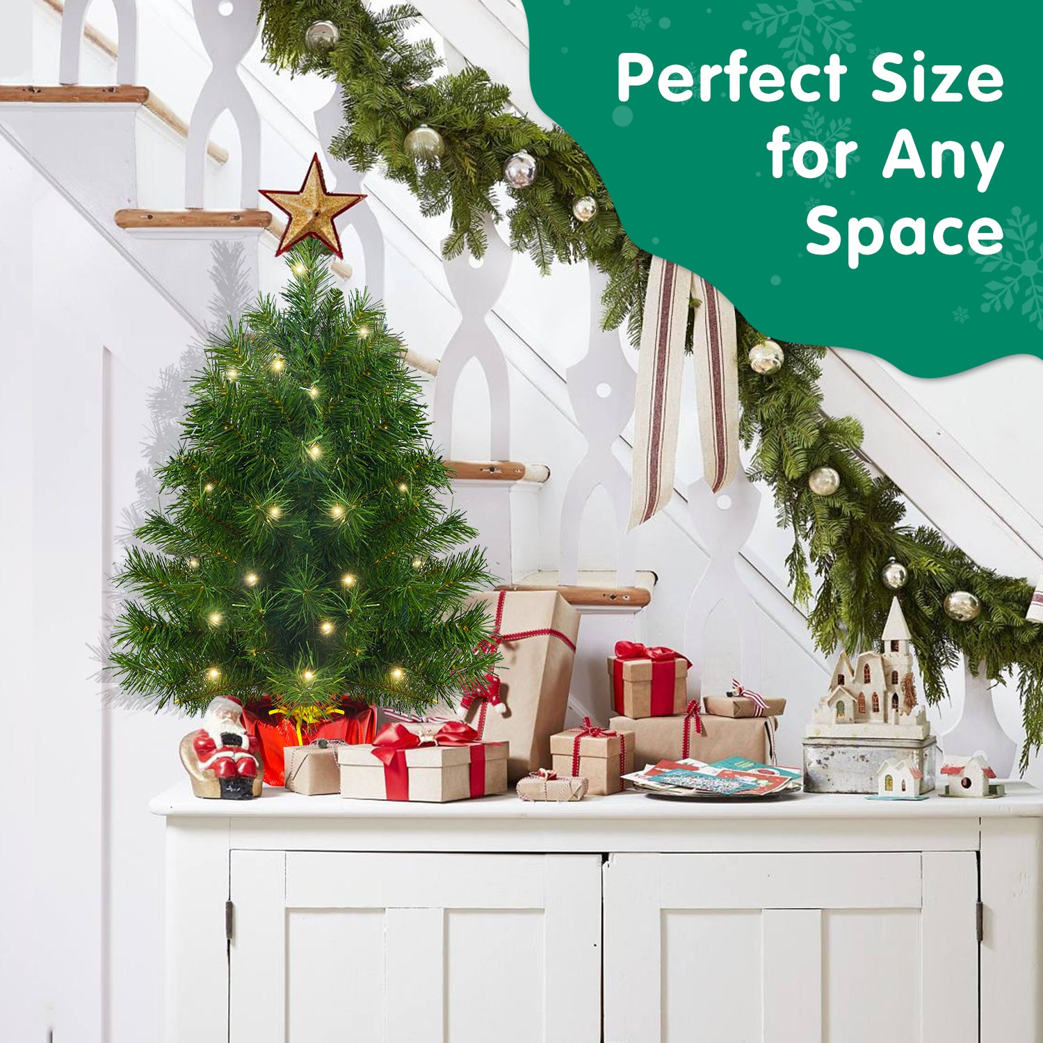 Makeatree Tabletop Christmas Tree 2ft Pre-Lit - Mini Artificial Xmas Tree with 50 LED Lights (SUS20T-75T-50L)