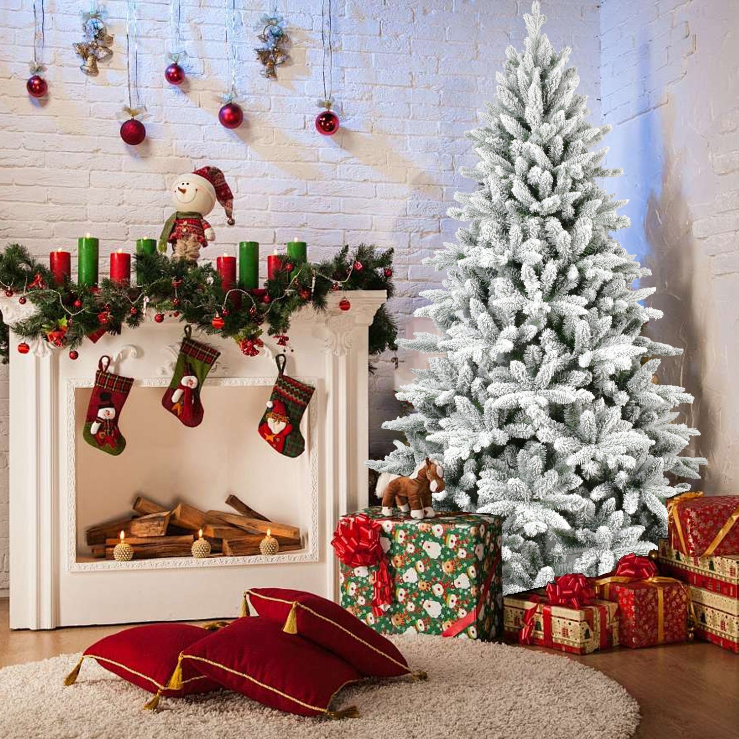 Makeatree White Flocked Snow Spruce 5-7ft Unlit Artificial Christmas Tree with Stand (SXT-TF)