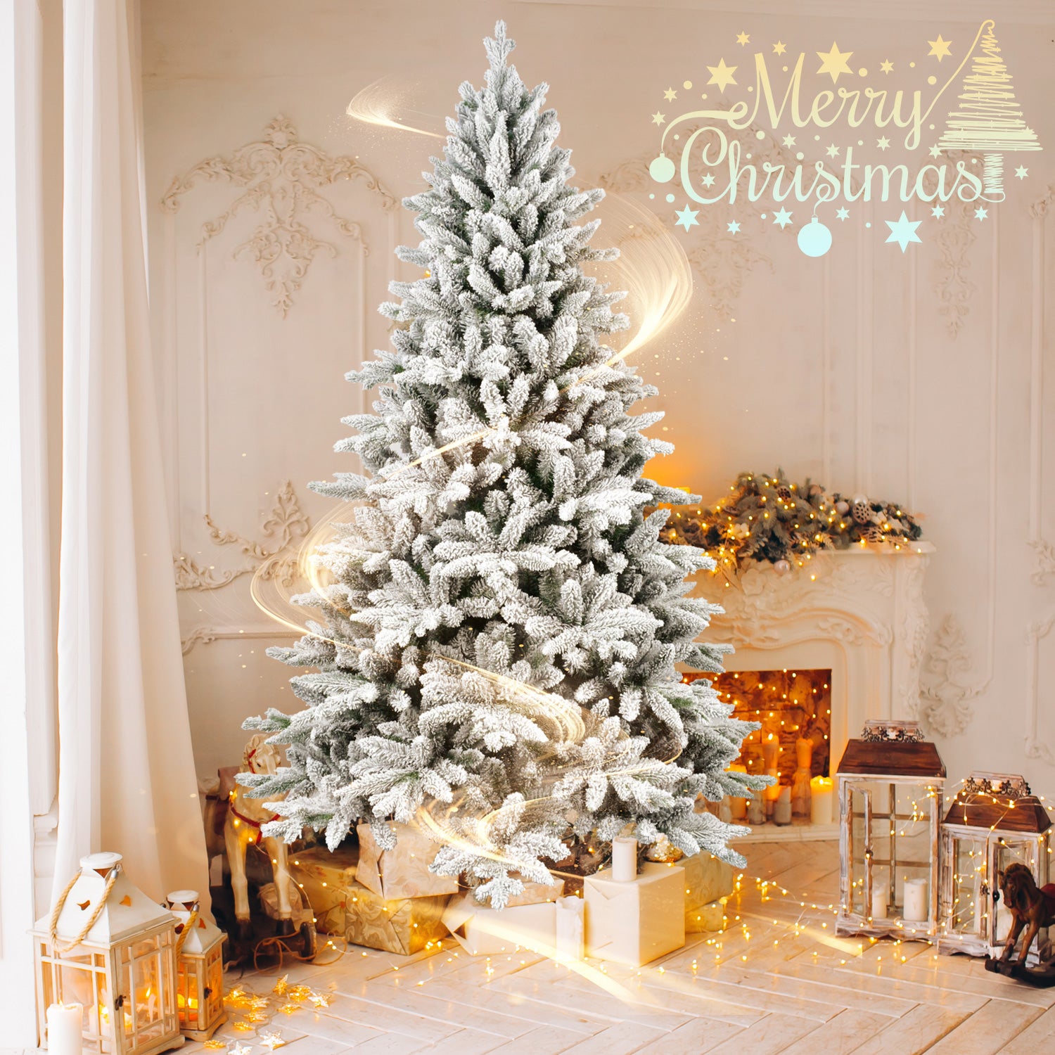 Makeatree White Flocked Snow Spruce 5-7ft Unlit Artificial Christmas Tree with Stand (SXT-TF)