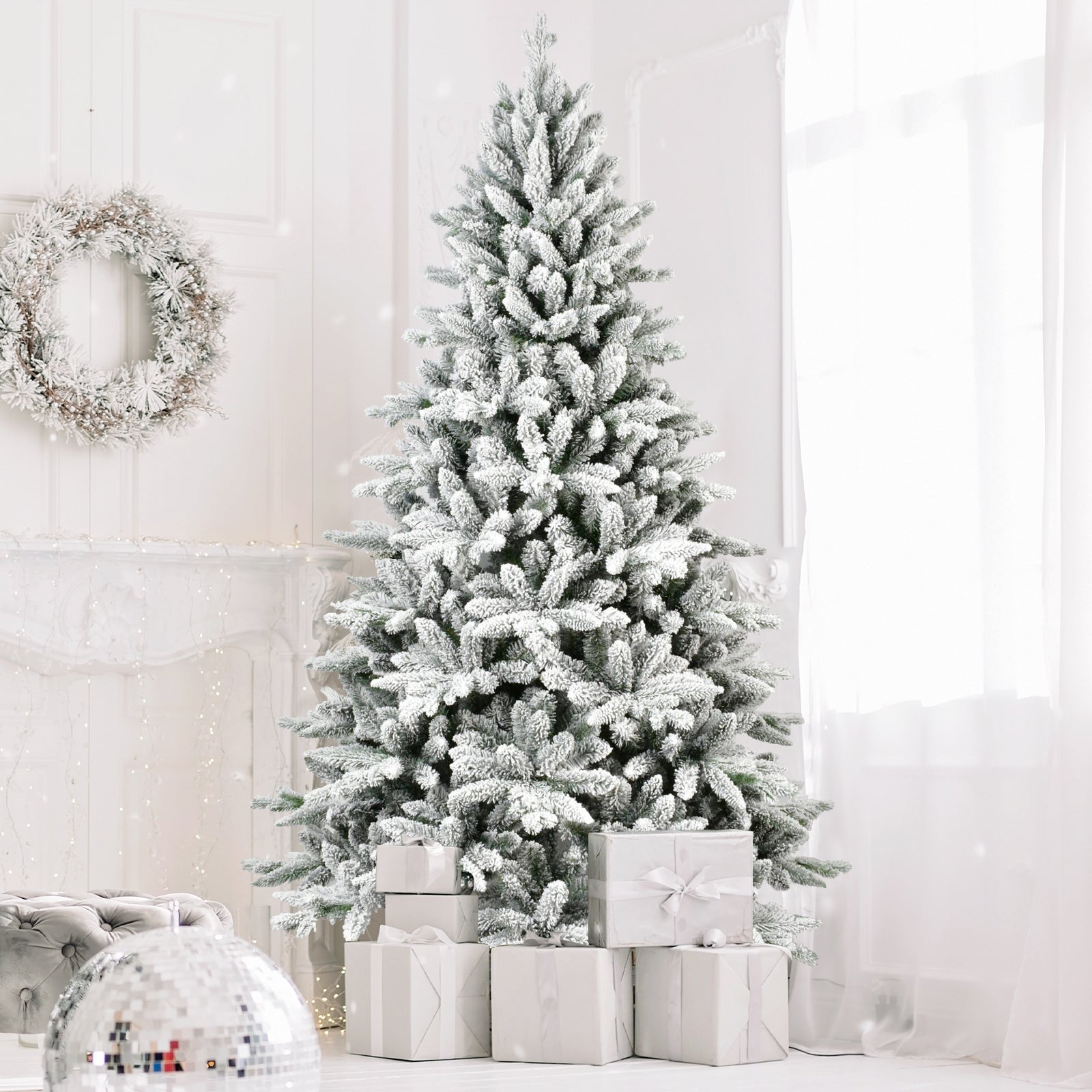 Makeatree White Flocked Snow Spruce 5-7ft Unlit Artificial Christmas Tree with Stand (SXT-TF)