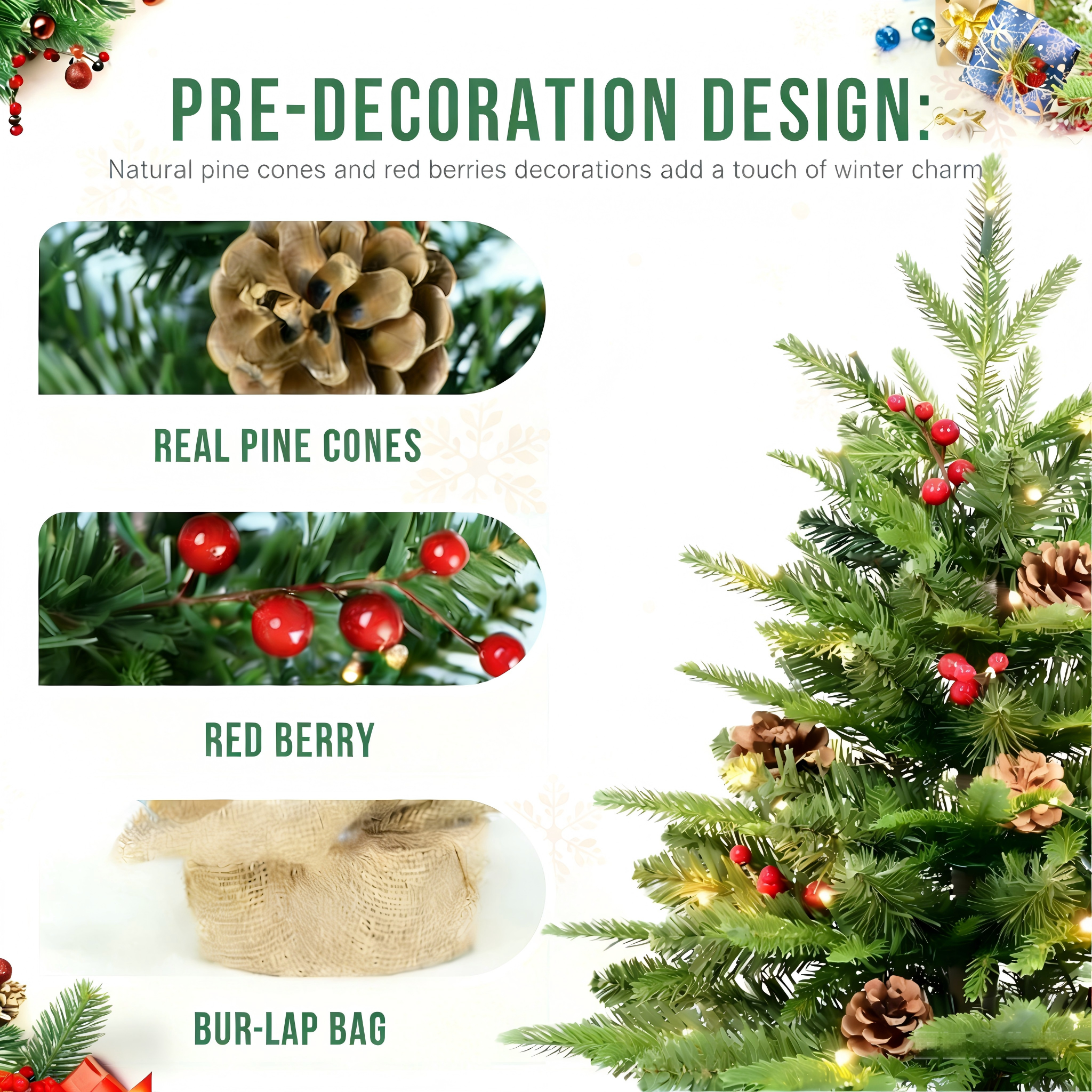 Makeatree Tabletop Christmas Tree 2ft Pre-Lit - Mini Tree with Berries, Pine Cones & Burlap Base (XAC-L)