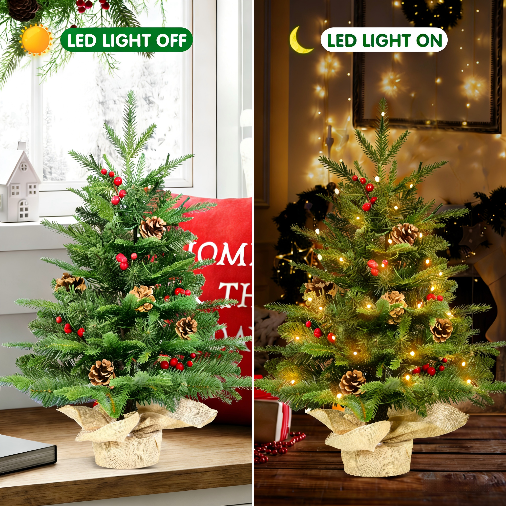 Makeatree Tabletop Christmas Tree 2ft Pre-Lit - Mini Tree with Berries, Pine Cones & Burlap Base (XAC-L)