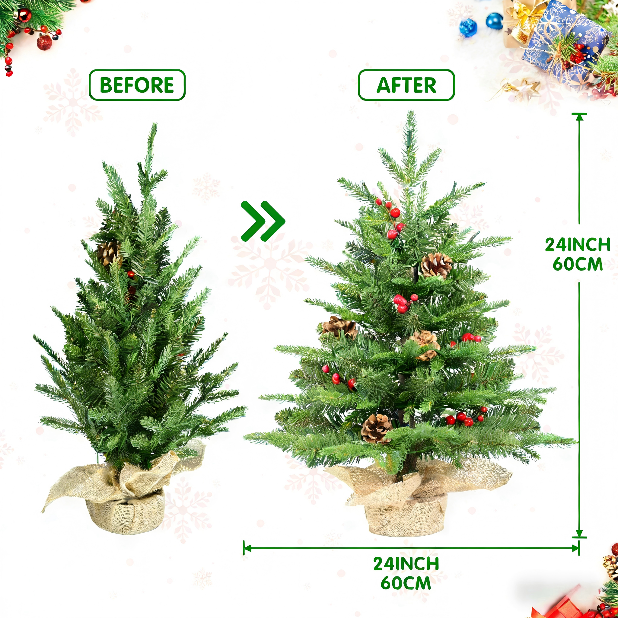 Makeatree Tabletop Christmas Tree 2ft Pre-Lit - Mini Tree with Berries, Pine Cones & Burlap Base (XAC-L)