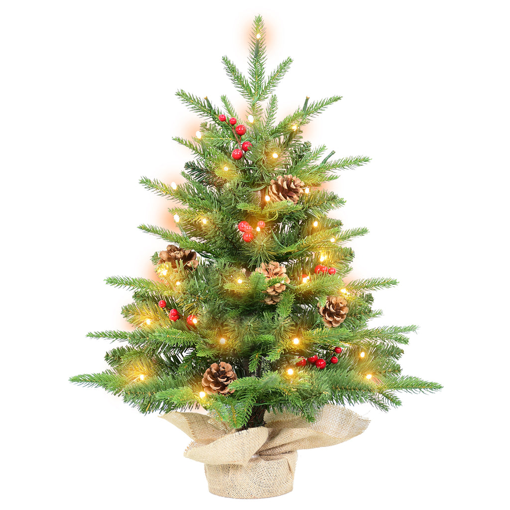 Makeatree Tabletop Christmas Tree 2ft Pre-Lit - Mini Tree with Berries, Pine Cones & Burlap Base (XAC20T-177T-50L)
