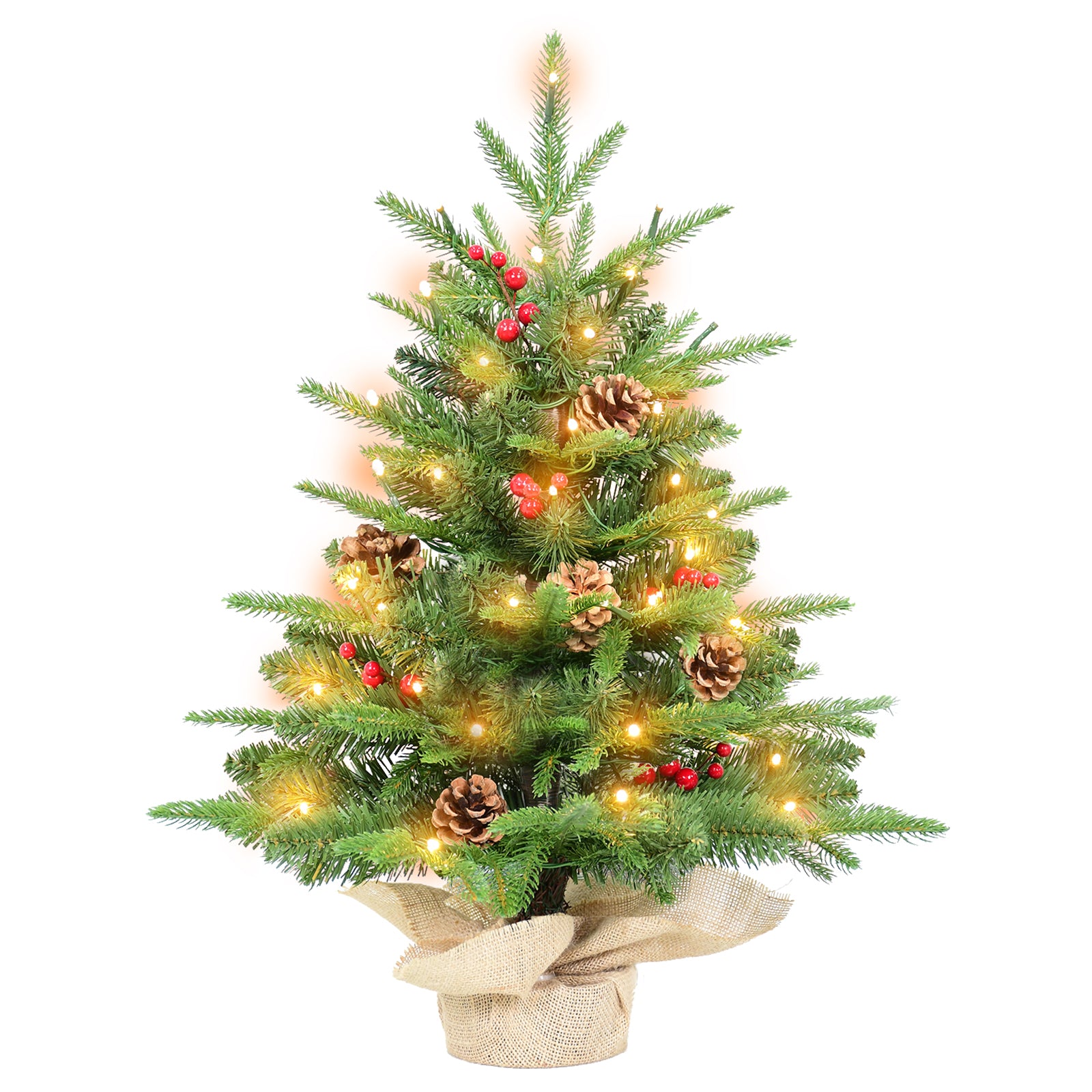Makeatree Tabletop Christmas Tree 2ft Pre-Lit - Mini Tree with Berries, Pine Cones & Burlap Base (XAC20T-177T-50L)