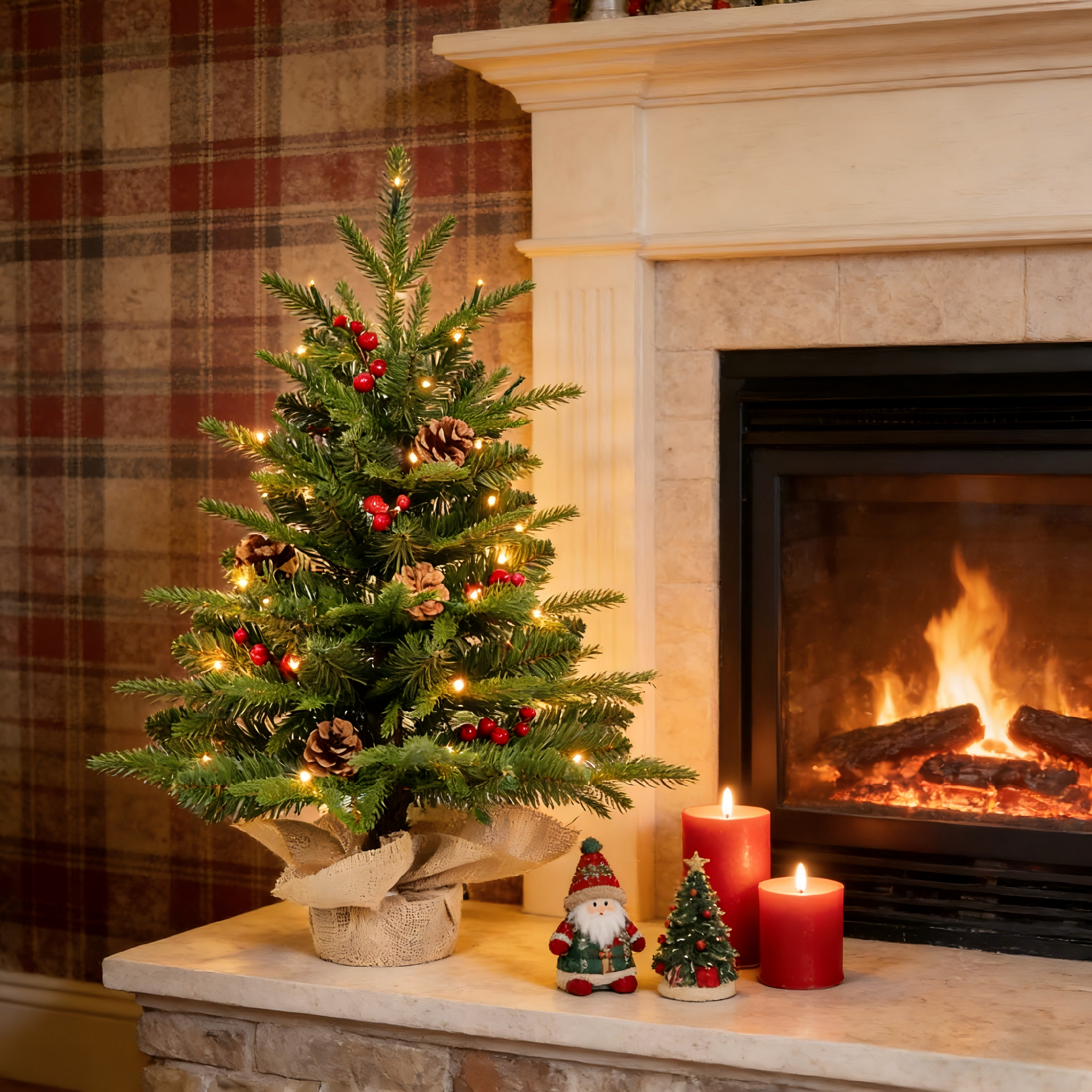 Makeatree Tabletop Christmas Tree 2ft Pre-Lit - Mini Tree with Berries, Pine Cones & Burlap Base (XAC-L)