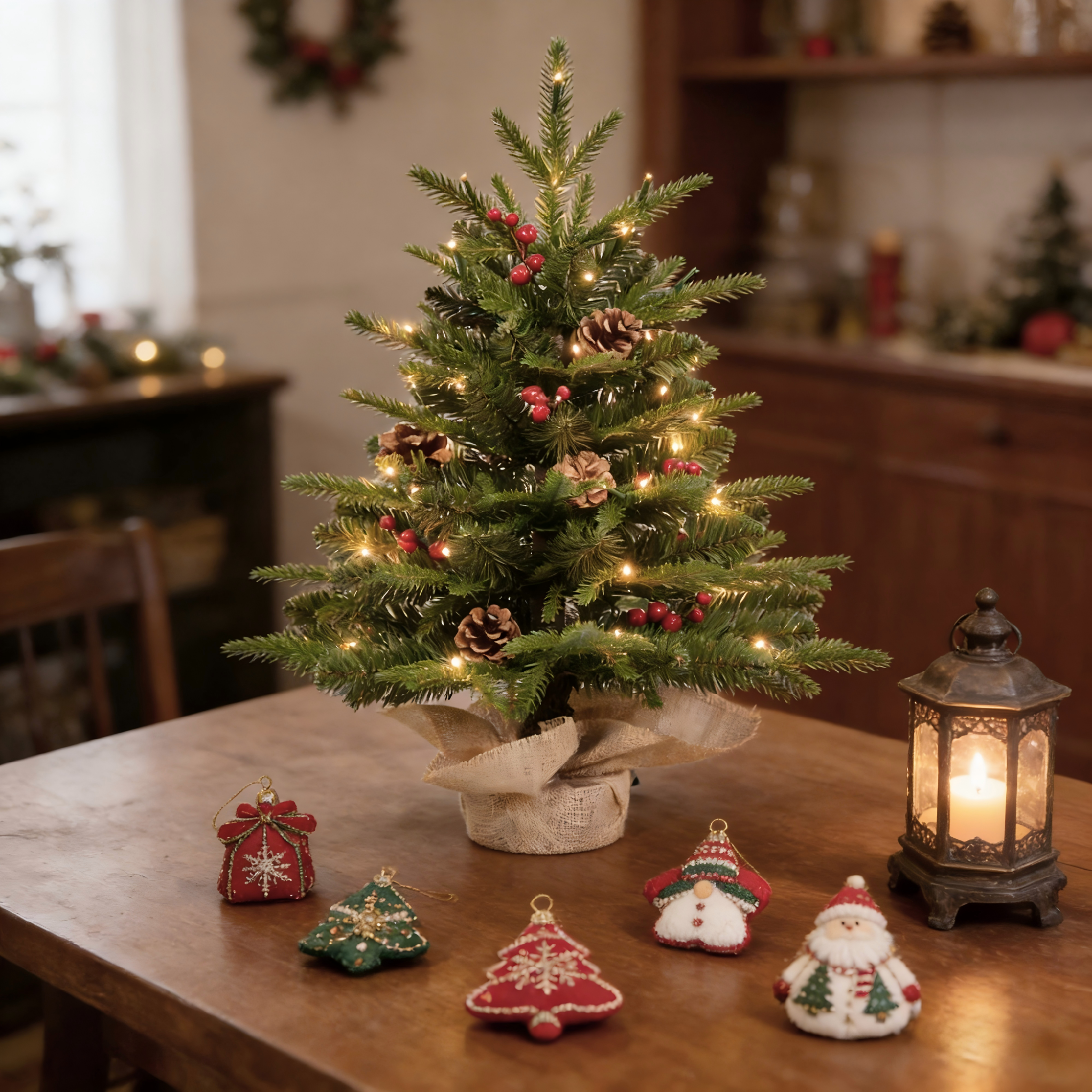 Makeatree Tabletop Christmas Tree 2ft Pre-Lit - Mini Tree with Berries, Pine Cones & Burlap Base (XAC-L)