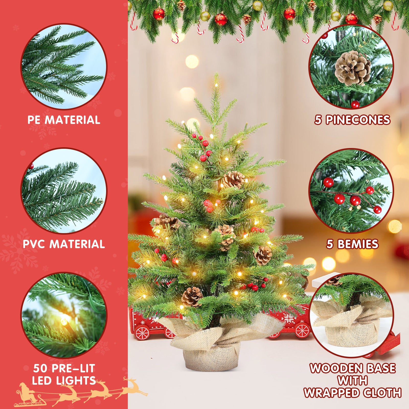 Makeatree Tabletop Christmas Tree 2ft Pre-Lit - Mini Tree with Berries, Pine Cones & Burlap Base (XAC20T-177T-50L)