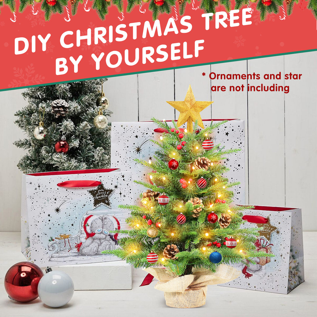 Makeatree Tabletop Christmas Tree 2ft Pre-Lit - Mini Tree with Berries, Pine Cones & Burlap Base (XAC20T-177T-50L)