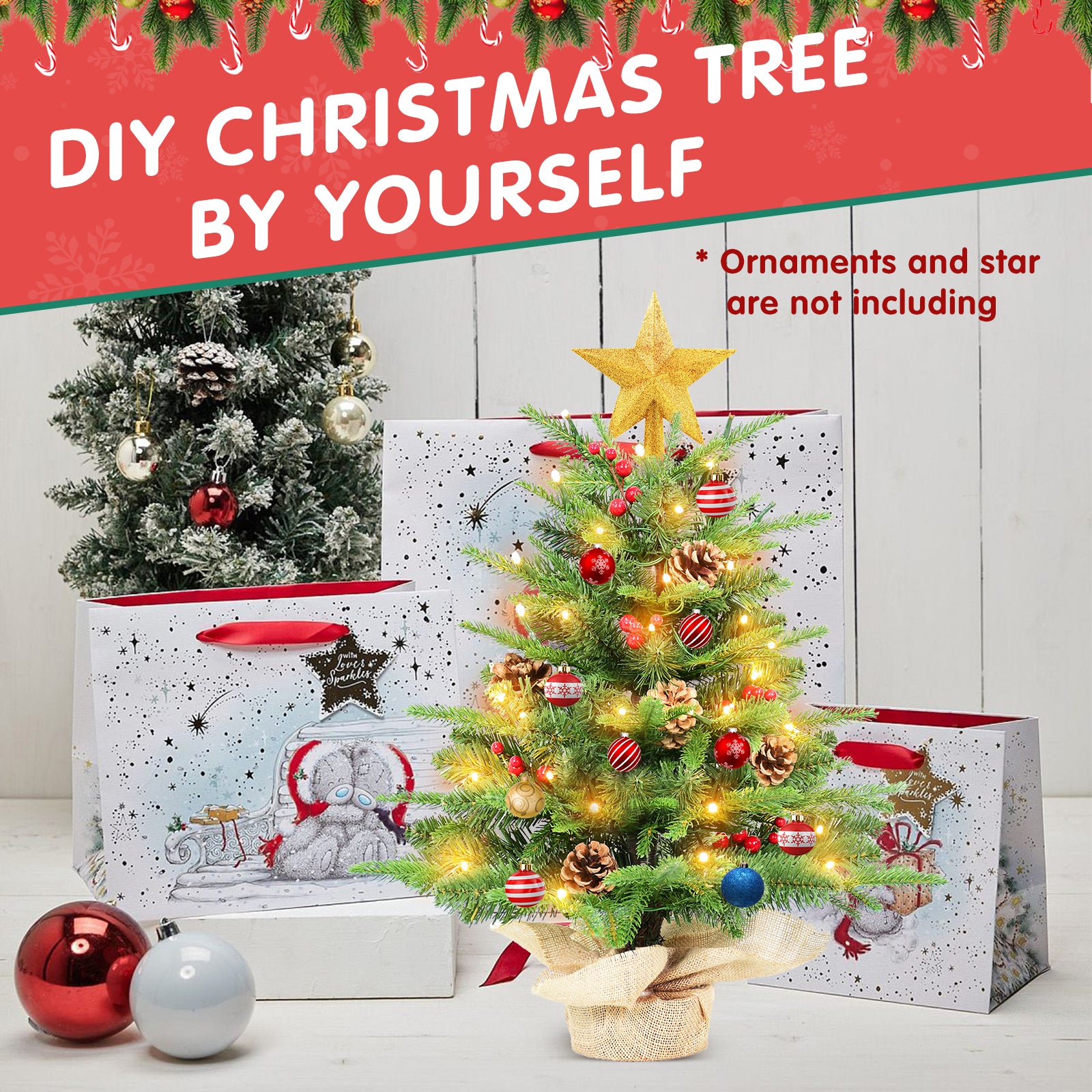 Makeatree Tabletop Christmas Tree 2ft Pre-Lit - Mini Tree with Berries, Pine Cones & Burlap Base (XAC20T-177T-50L)