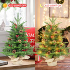 Makeatree Tabletop Christmas Tree 2ft Pre-Lit - Mini Tree with Berries, Pine Cones & Burlap Base (XAC20T-177T-50L)