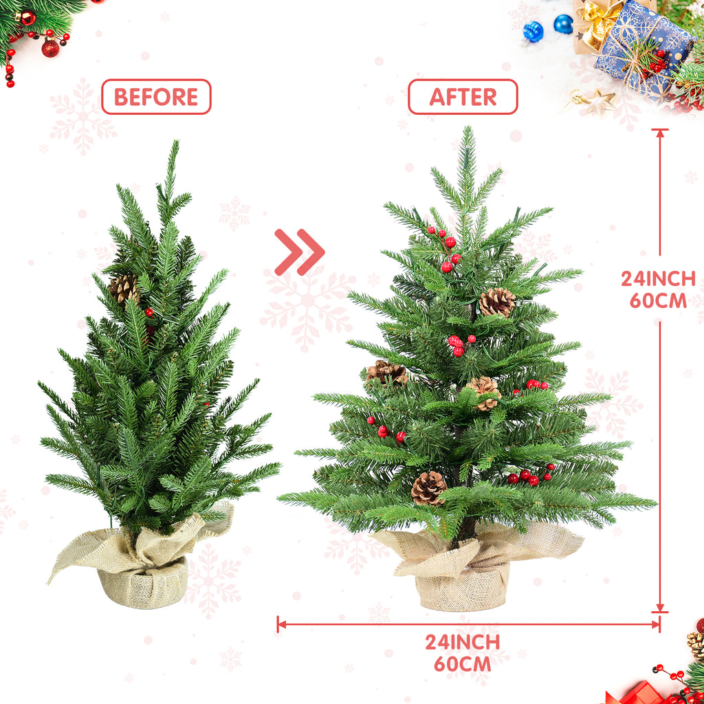 Makeatree Tabletop Christmas Tree 2ft Pre-Lit - Mini Tree with Berries, Pine Cones & Burlap Base (XAC20T-177T-50L)