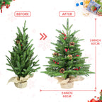 Makeatree Tabletop Christmas Tree 2ft Pre-Lit - Mini Tree with Berries, Pine Cones & Burlap Base (XAC20T-177T-50L)