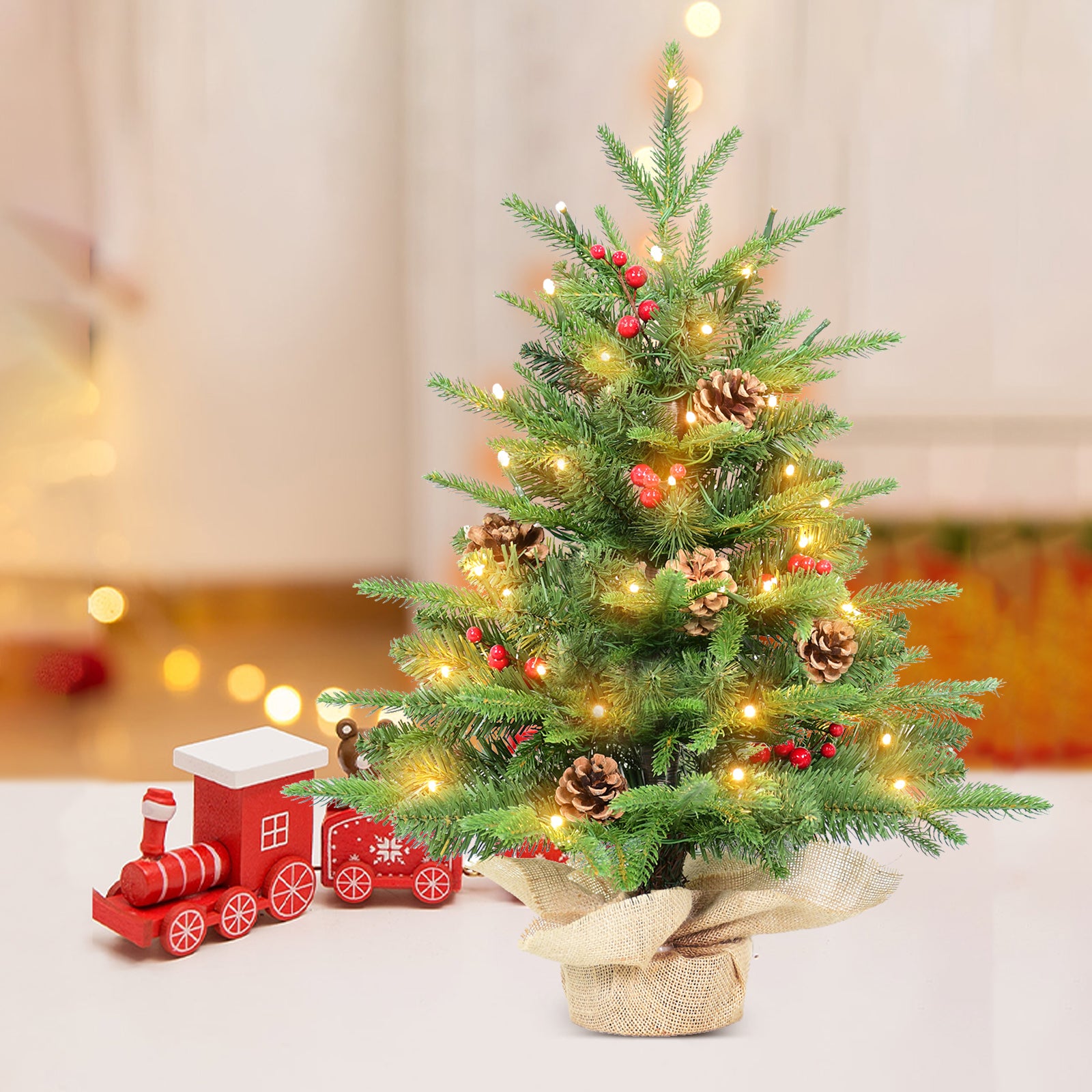 Makeatree Tabletop Christmas Tree 2ft Pre-Lit - Mini Tree with Berries, Pine Cones & Burlap Base (XAC20T-177T-50L)