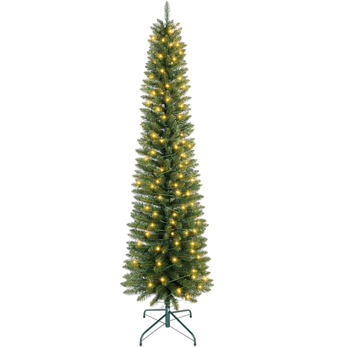 Makeatree 5 ft Pre-Lit Pencil Christmas Tree, Slim Spruce Holiday Decoration with Incandescent Lights, Metal Hinges & Foldable Base