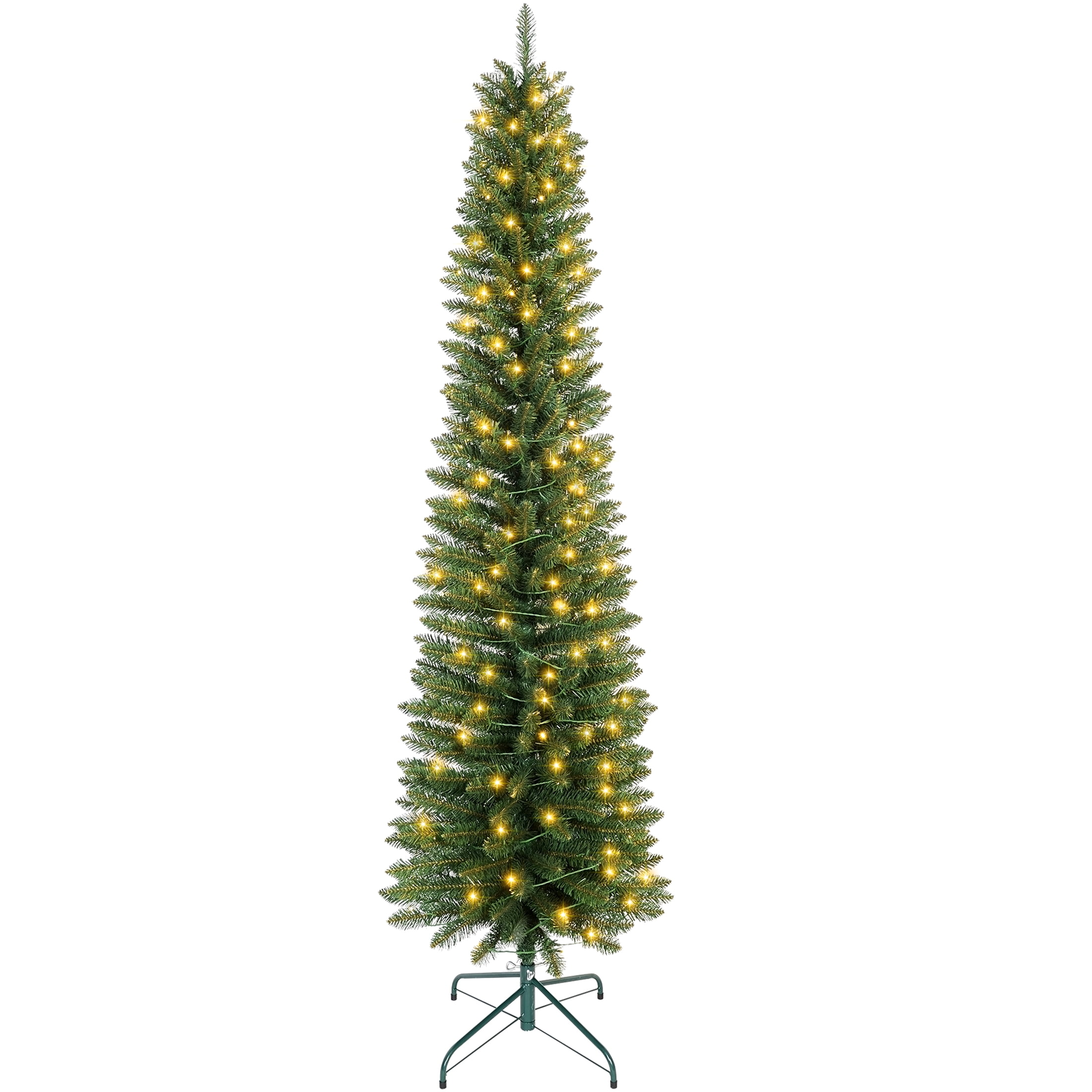 Makeatree 6 ft Pre-Lit Pencil Christmas Tree, Slim Spruce Holiday Decoration with Incandescent Lights, Metal Hinges & Foldable Base
