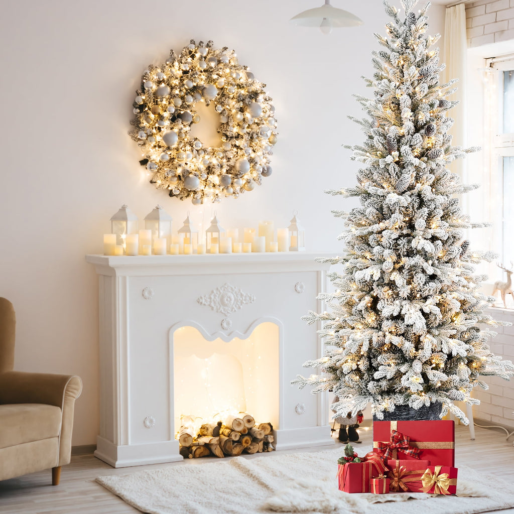 Makeatree Potted Snow Flocked Christmas Tree with Lights 2ft to 6.5ft Mini Pre-Lit Tree for Entryway & Porch Decor (OCO-TF-L)