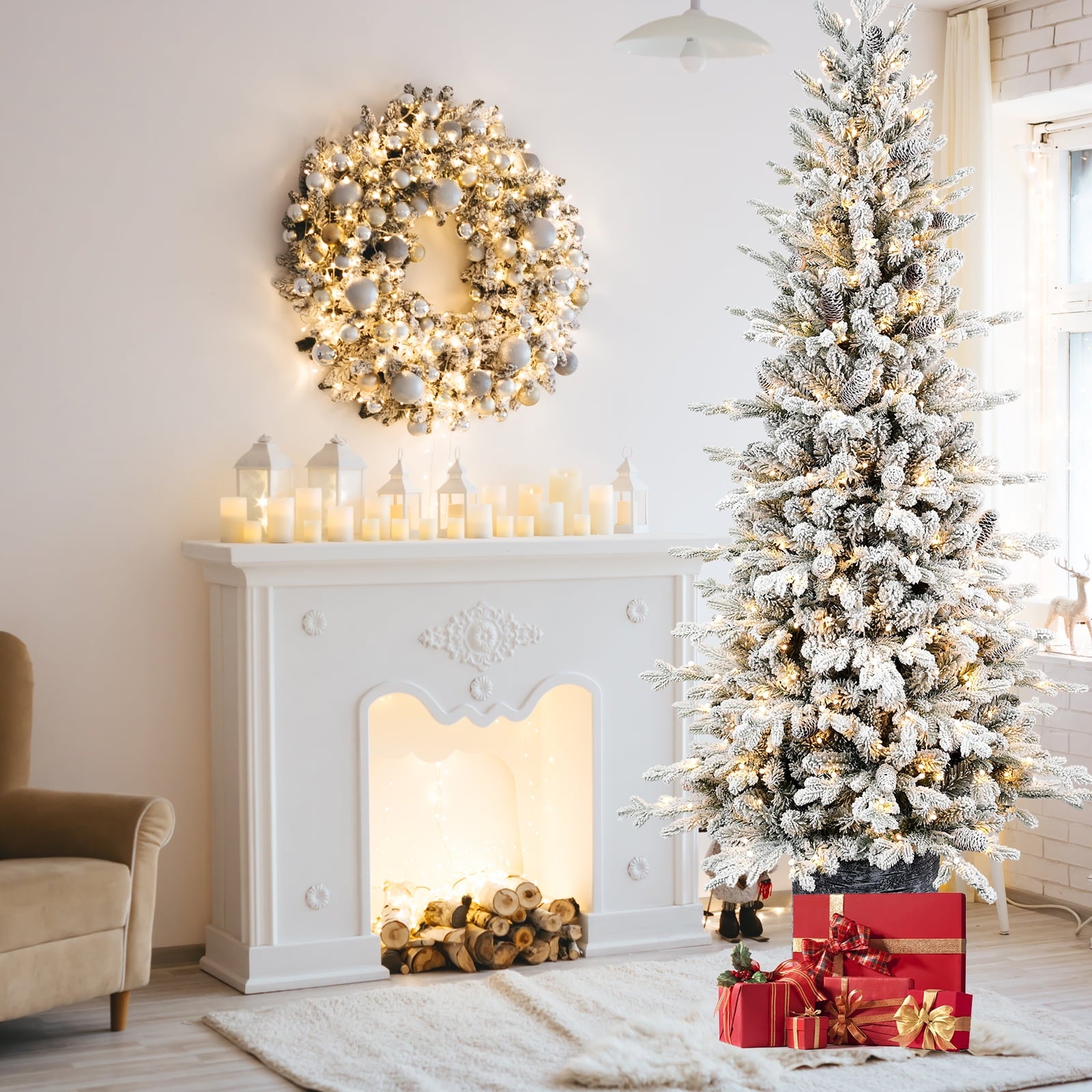 Makeatree Potted Snow Flocked Christmas Tree with Lights 2ft to 6.5ft Mini Pre-Lit Tree for Entryway & Porch Decor (OCO-TF-L)