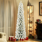Makeatree 5 ft Pre-Lit Pencil Flocked Christmas Tree, Slim Spruce Holiday Decoration with Incandescent Lights, Metal Hinges & Foldable Base