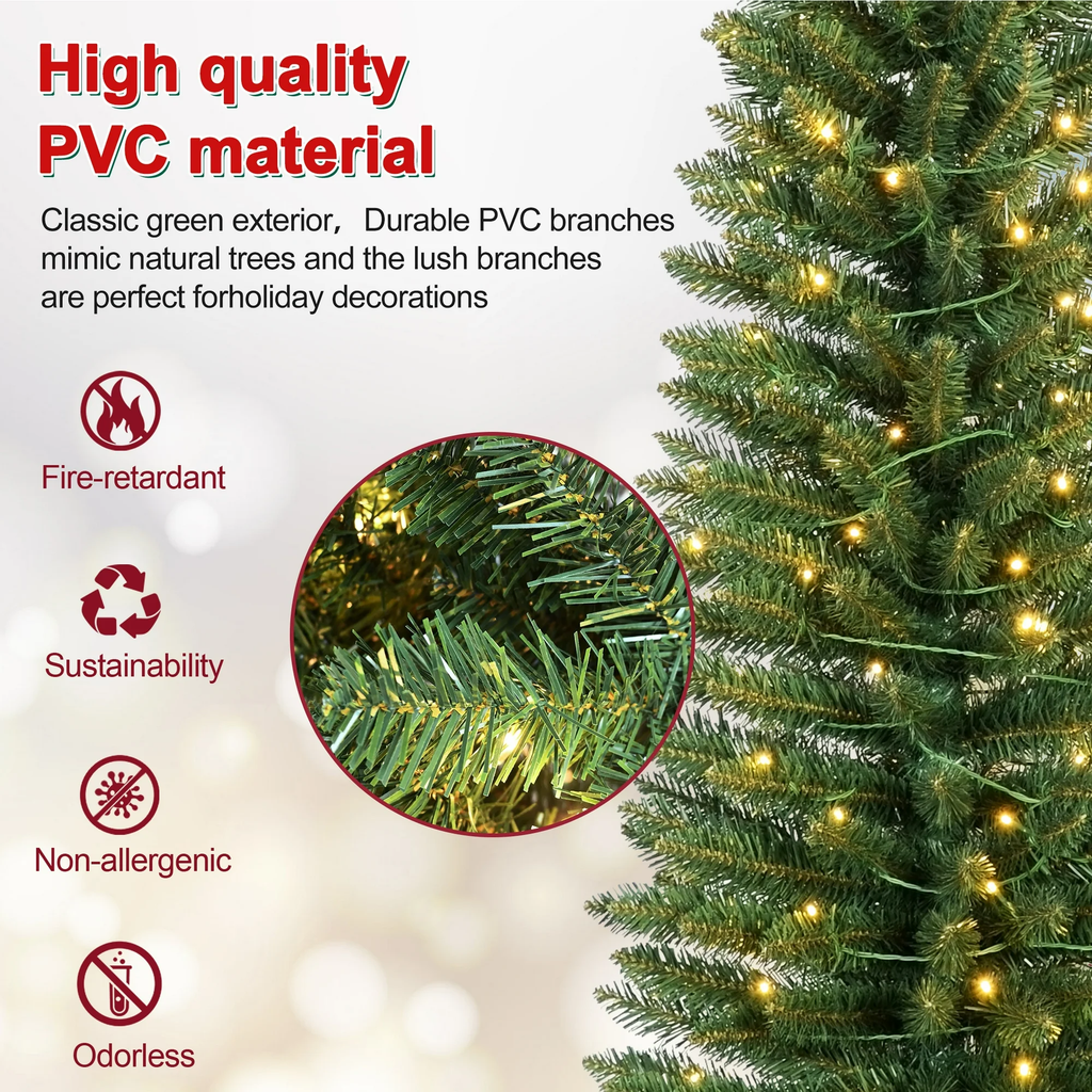 Makeatree 5 ft Pre-Lit Pencil Christmas Tree, Slim Spruce Holiday Decoration with Incandescent Lights, Metal Hinges & Foldable Base