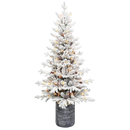 Makeatree 2ft/3ft/4.5ft/6.5ft Pre-Lit Snow Flocked Christmas Tree, Mini Tabletop Artificial Xmas Tree in Pot for Front Door, Porch, Indoor & Outdoor Holiday Decoration.