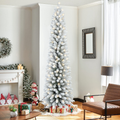 Makeatree 6 ft Pre-Lit Pencil Flocked Christmas Tree, Slim Spruce Holiday Decoration with Incandescent Lights, Metal Hinges & Foldable Base