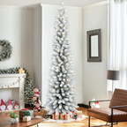 Makeatree 5 ft Pre-Lit Pencil Flocked Christmas Tree, Slim Spruce Holiday Decoration with Incandescent Lights, Metal Hinges & Foldable Base