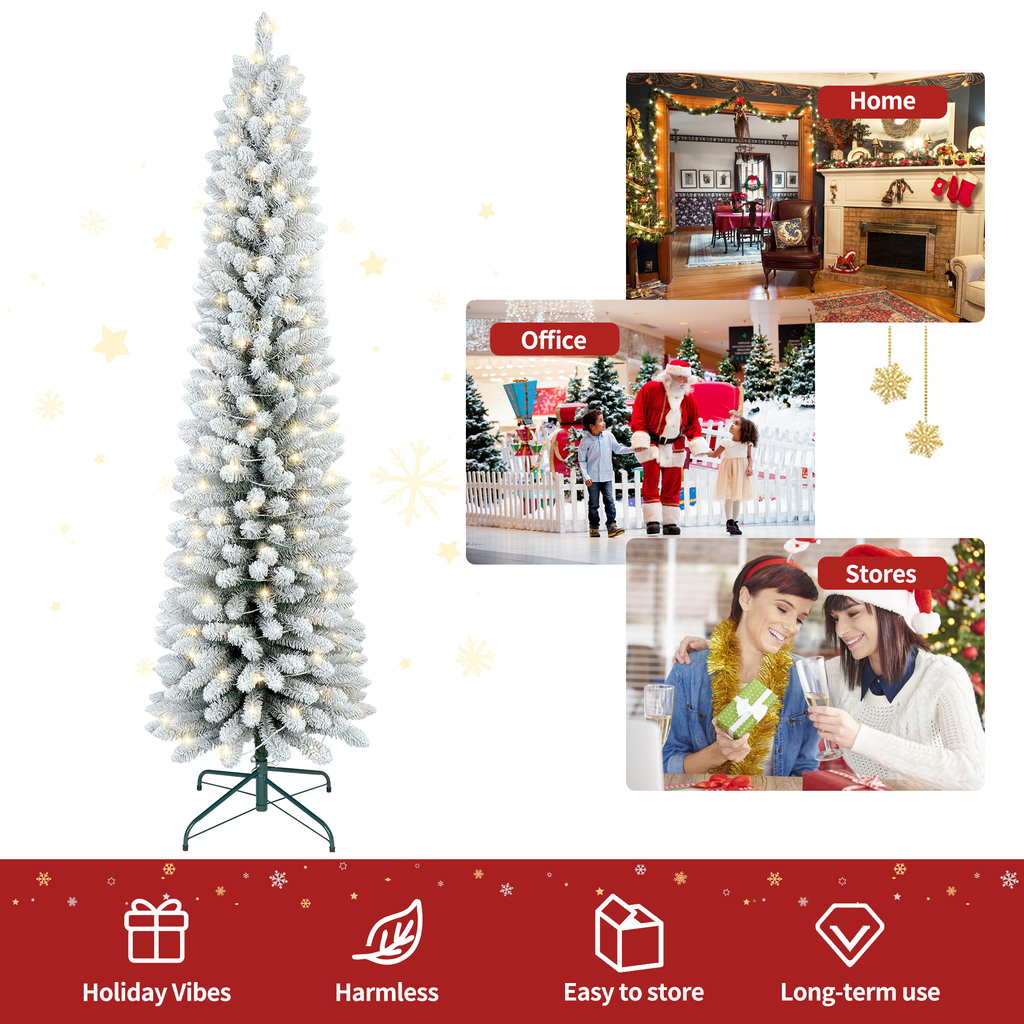 Makeatree 5 ft Pre-Lit Pencil Flocked Christmas Tree, Slim Spruce Holiday Decoration with Incandescent Lights, Metal Hinges & Foldable Base