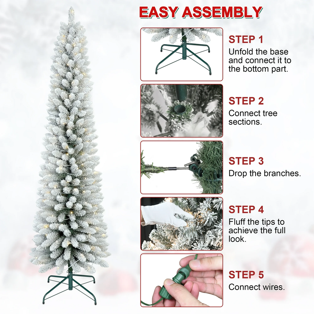 Makeatree 5 ft Pre-Lit Pencil Flocked Christmas Tree, Slim Spruce Holiday Decoration with Incandescent Lights, Metal Hinges & Foldable Base