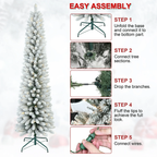 Makeatree 5 ft Pre-Lit Pencil Flocked Christmas Tree, Slim Spruce Holiday Decoration with Incandescent Lights, Metal Hinges & Foldable Base
