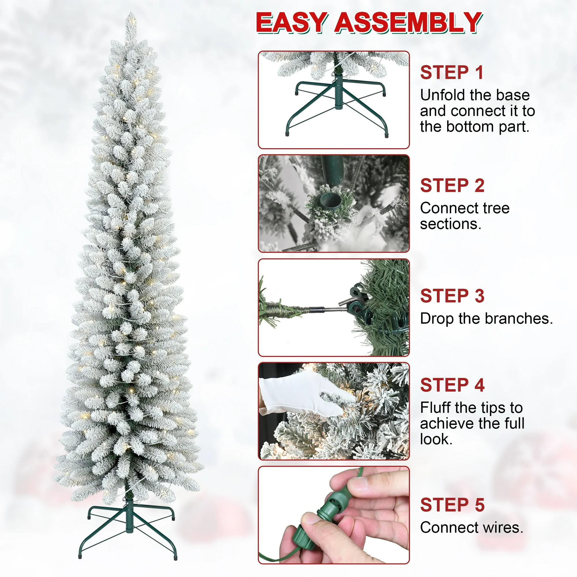 Makeatree 6 ft Pre-Lit Pencil Flocked Christmas Tree, Slim Spruce Holiday Decoration with Incandescent Lights, Metal Hinges & Foldable Base