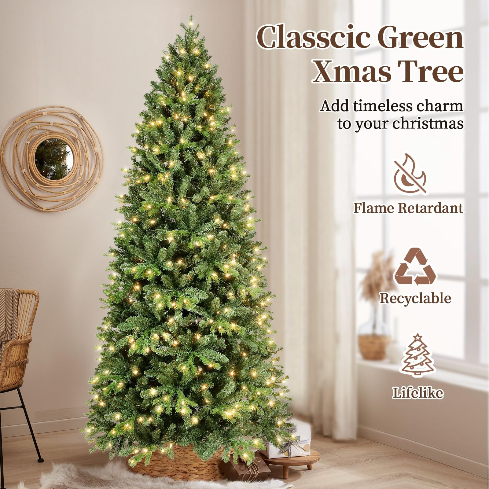 Makeatree Pre-Lit Slim Artificial Christmas Tree 4-7.5ft Space-Saving Skinny Green Xmas Tree (BFS-L)