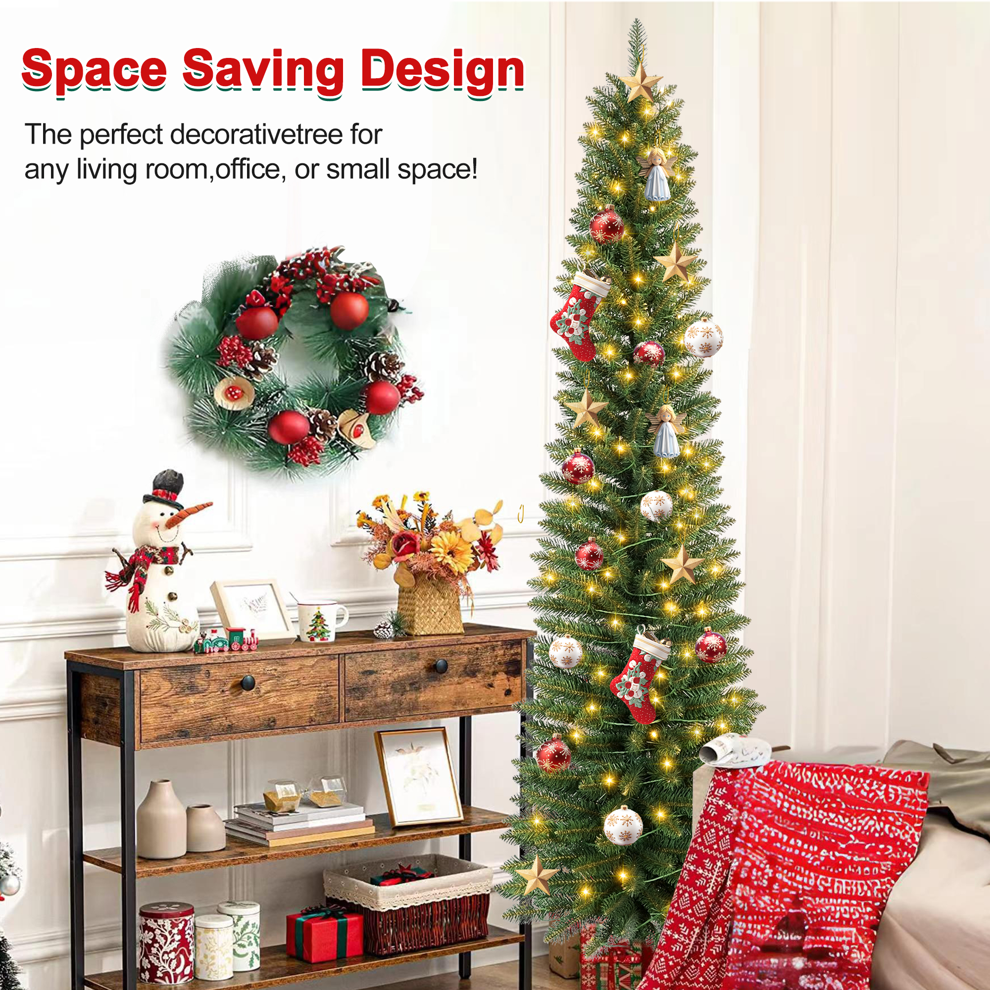 Makeatree 5 ft Pre-Lit Pencil Christmas Tree, Slim Spruce Holiday Decoration with Incandescent Lights, Metal Hinges & Foldable Base