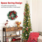 Makeatree 6 ft Pre-Lit Pencil Christmas Tree, Slim Spruce Holiday Decoration with Incandescent Lights, Metal Hinges & Foldable Base
