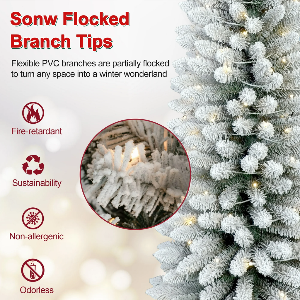 Makeatree 5 ft Pre-Lit Pencil Flocked Christmas Tree, Slim Spruce Holiday Decoration with Incandescent Lights, Metal Hinges & Foldable Base