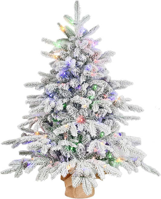 Makeatree 3FT Prelit Snow Flocked Tabletop Christmas Tree Artificial Small Xmas Tree with 100 Led Lights 26 Pine cones 528 Branch Tip.